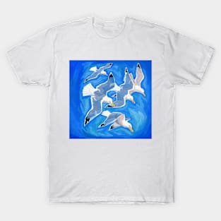 Five Flying Seagulls Against Blue Sky T-Shirt